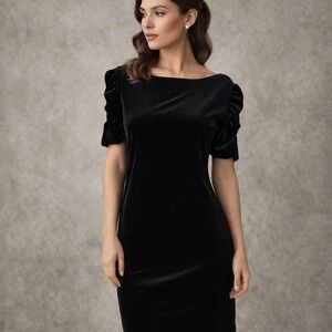 Marina LBD Black Velvet Puff Sleeve Sheath Dress Size 8 Minimalist Evening Vampy